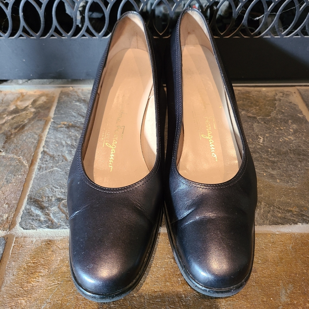 Salvatore Ferragamo black slip-on flats/loafers with small wedge heel size 8.5